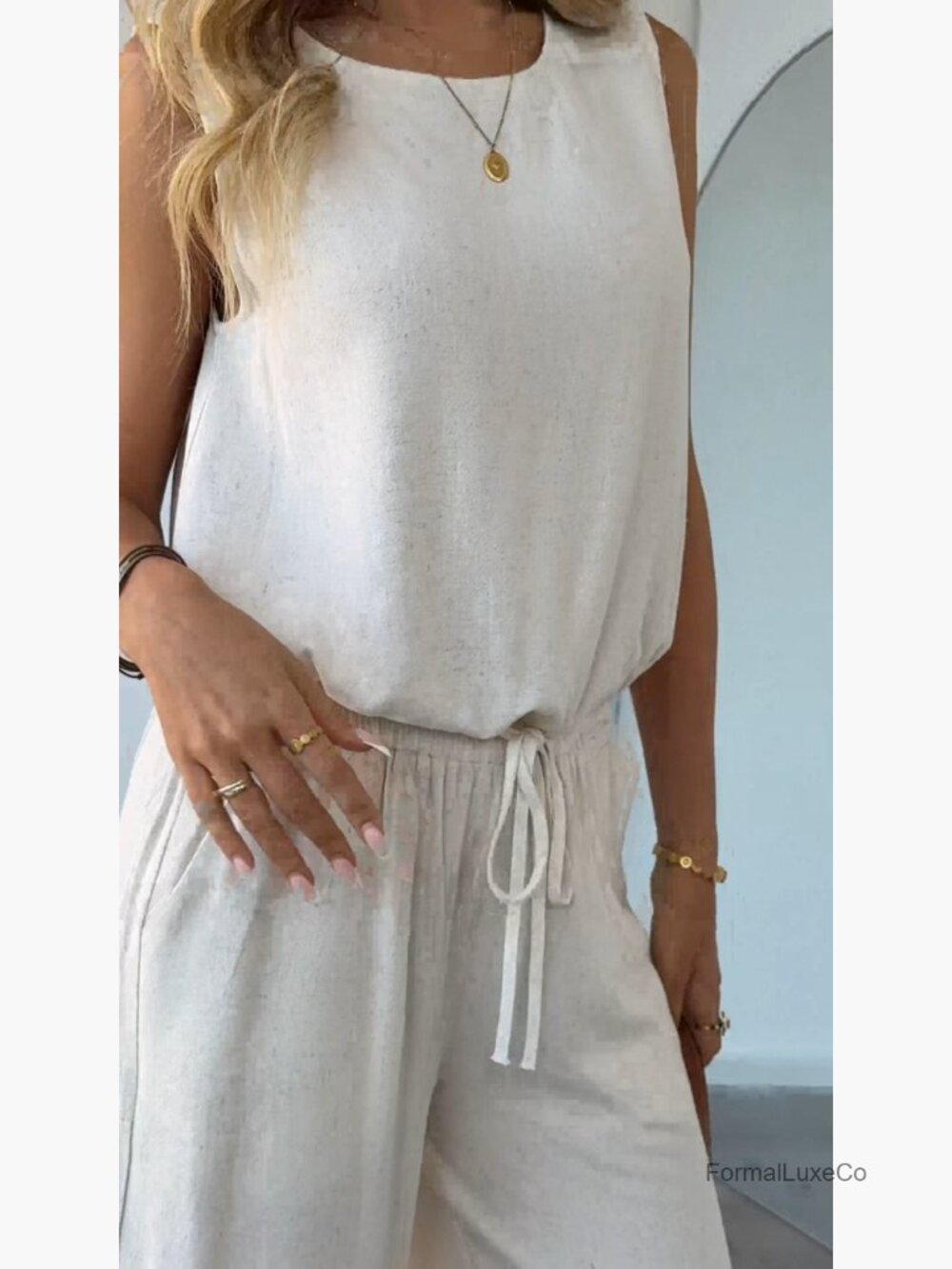 Linen 2 Piece Outfits Sleeveless Tank Top Wide Leg Pants Sets Tracksuit Casual - Picture 6 of 7